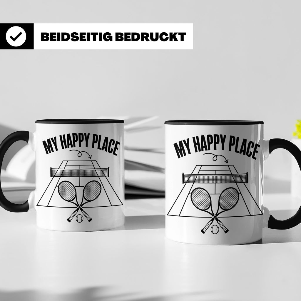Tennis Tasse mit Spruch My Happy Place lustiger Kaffeebecher – Schwarz [farbe:schwarz]