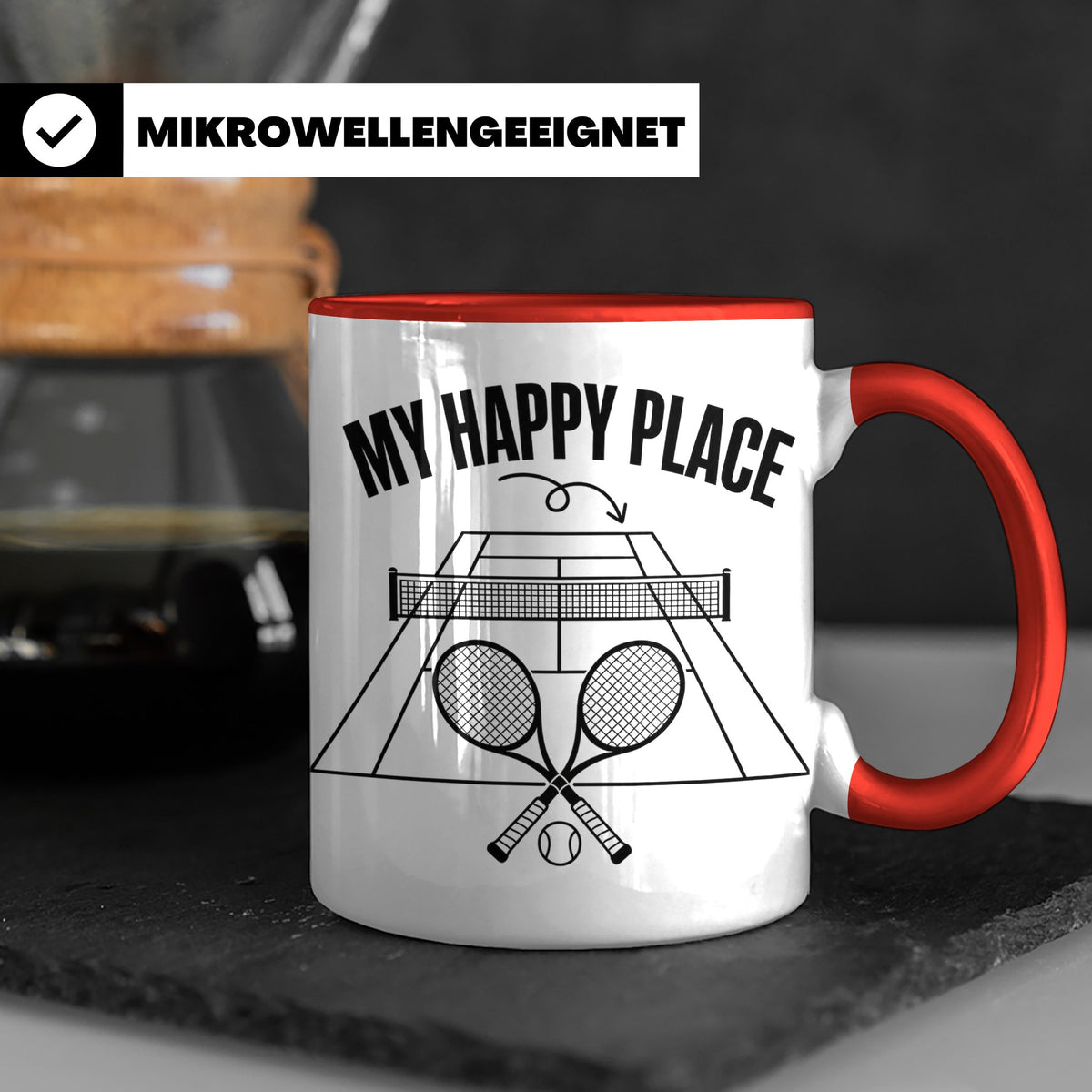 Tennis Tasse mit Spruch My Happy Place lustiger Kaffeebecher – Rot [farbe:rot]
