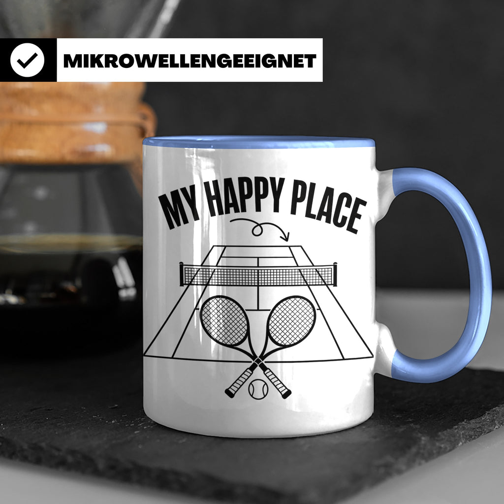Tennis Tasse mit Spruch My Happy Place lustiger Kaffeebecher – Blau [farbe:blau]