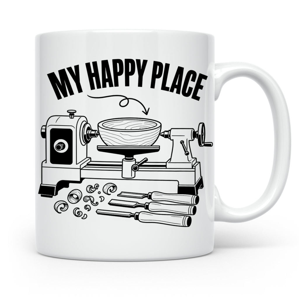 Drechsler Tasse My Happy Place Spruch Geschenk für Holzdrehe – Weiß [farbe:weiß]