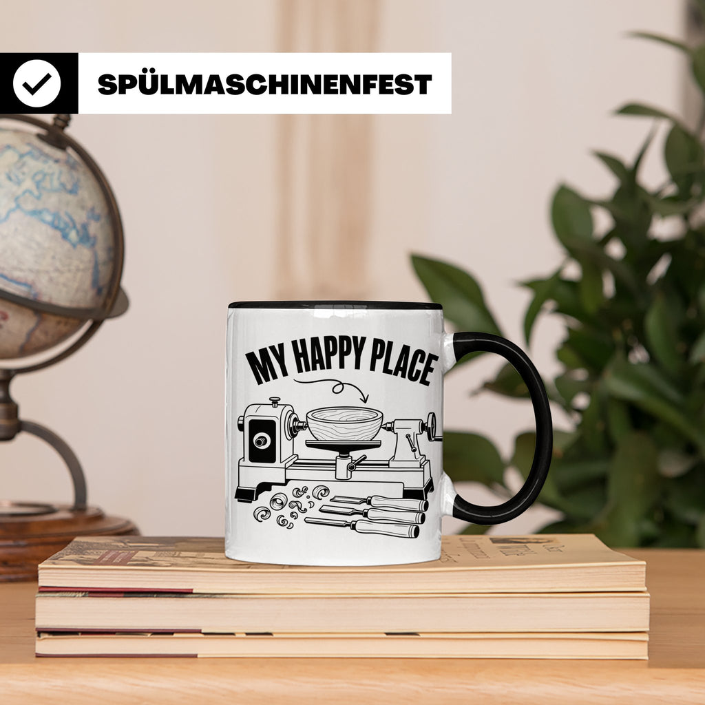 Drechsler Tasse My Happy Place Spruch Geschenk für Holzdrehe – Schwarz [farbe:schwarz]