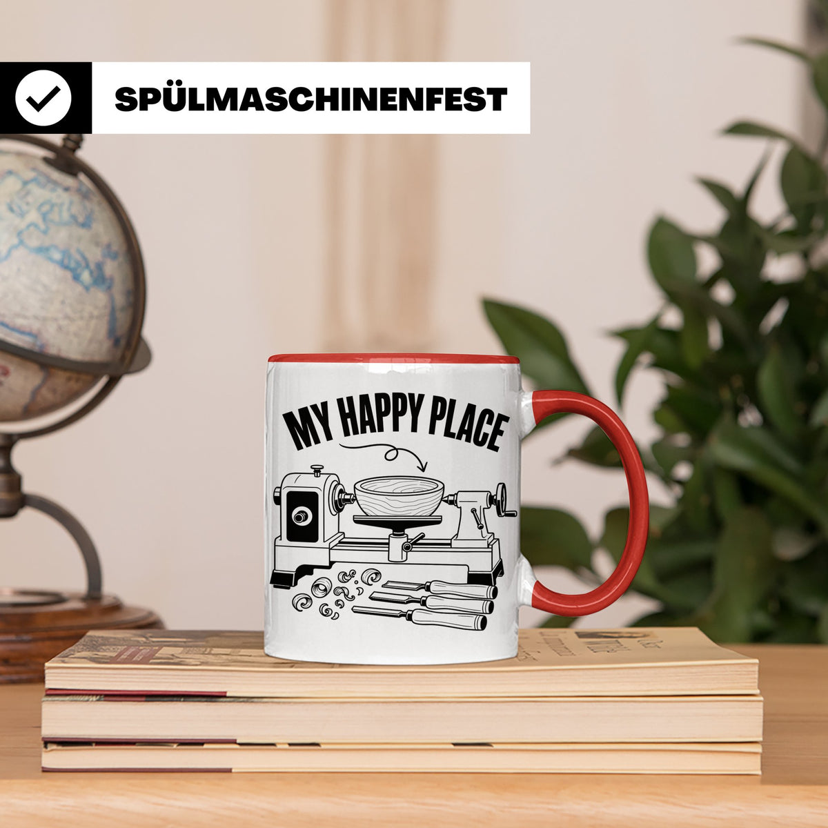 Drechsler Tasse My Happy Place Spruch Geschenk für Holzdrehe – Rot [farbe:rot]