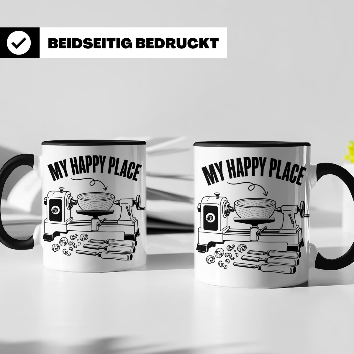 Drechsler Tasse My Happy Place Spruch Geschenk für Holzdrehe – Schwarz [farbe:schwarz]