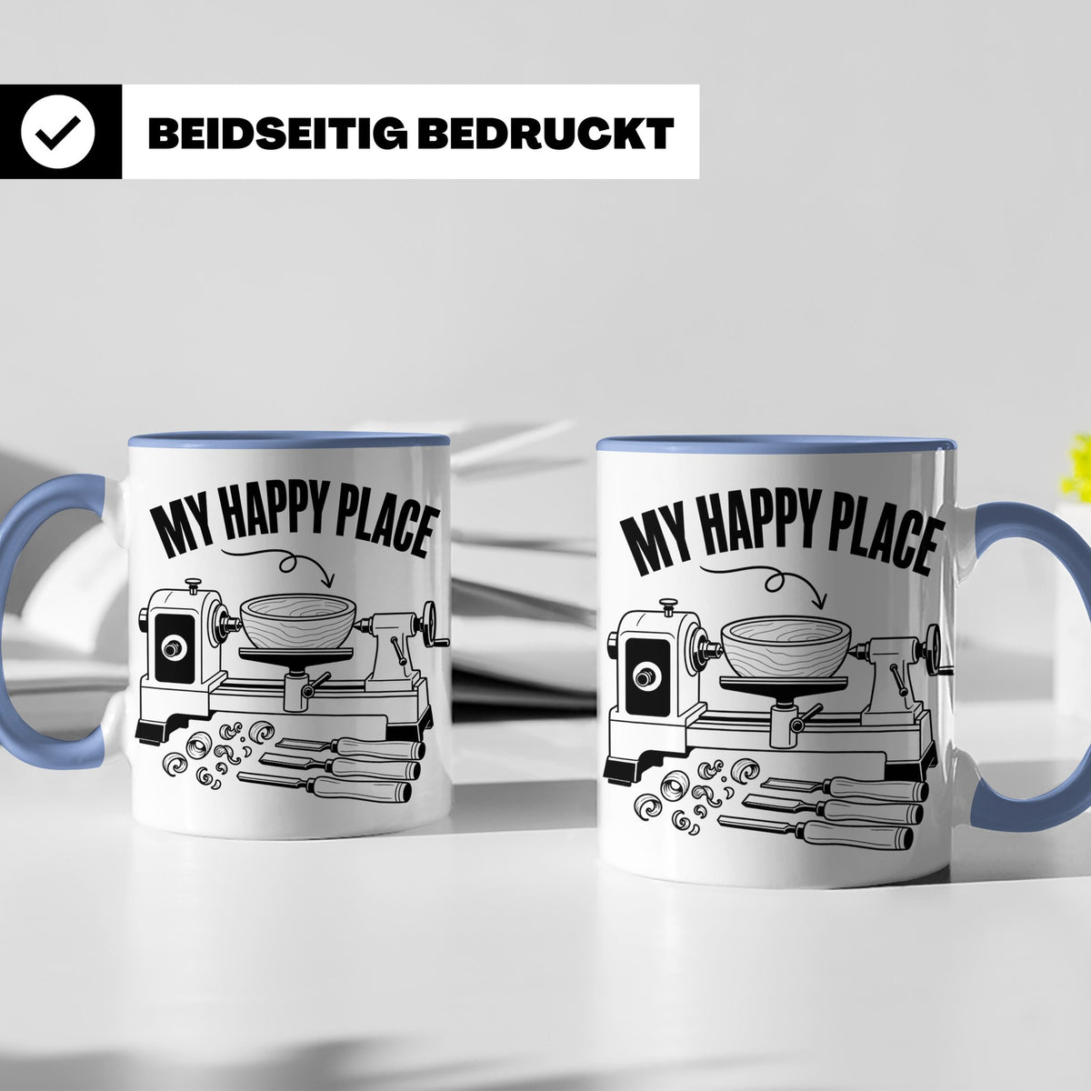 Drechsler Tasse My Happy Place Spruch Geschenk für Holzdrehe – Blau [farbe:blau]