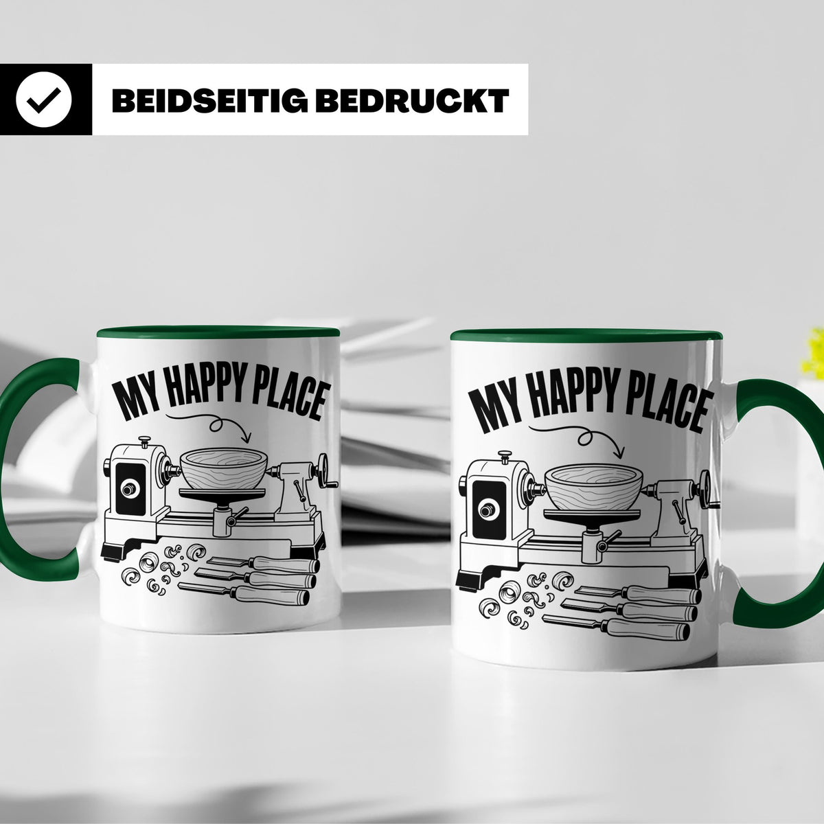 Drechsler Tasse My Happy Place Spruch Geschenk für Holzdrehe – Grün [farbe:grün]