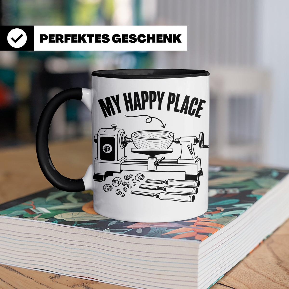 Drechsler Tasse My Happy Place Spruch Geschenk für Holzdrehe – Schwarz [farbe:schwarz]
