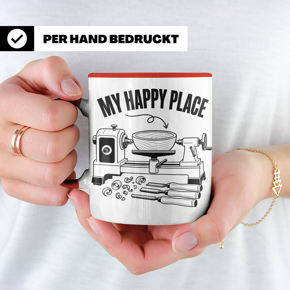 Drechsler Tasse My Happy Place Spruch Geschenk für Holzdrehe – Rot [farbe:rot]