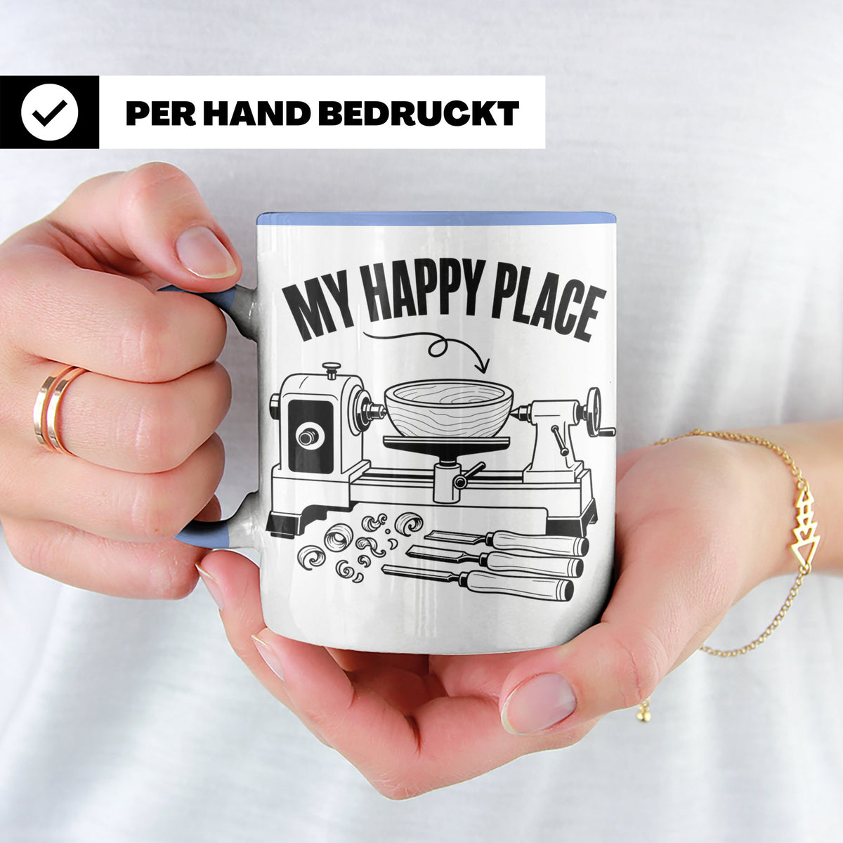 Drechsler Tasse My Happy Place Spruch Geschenk für Holzdrehe – Blau [farbe:blau]
