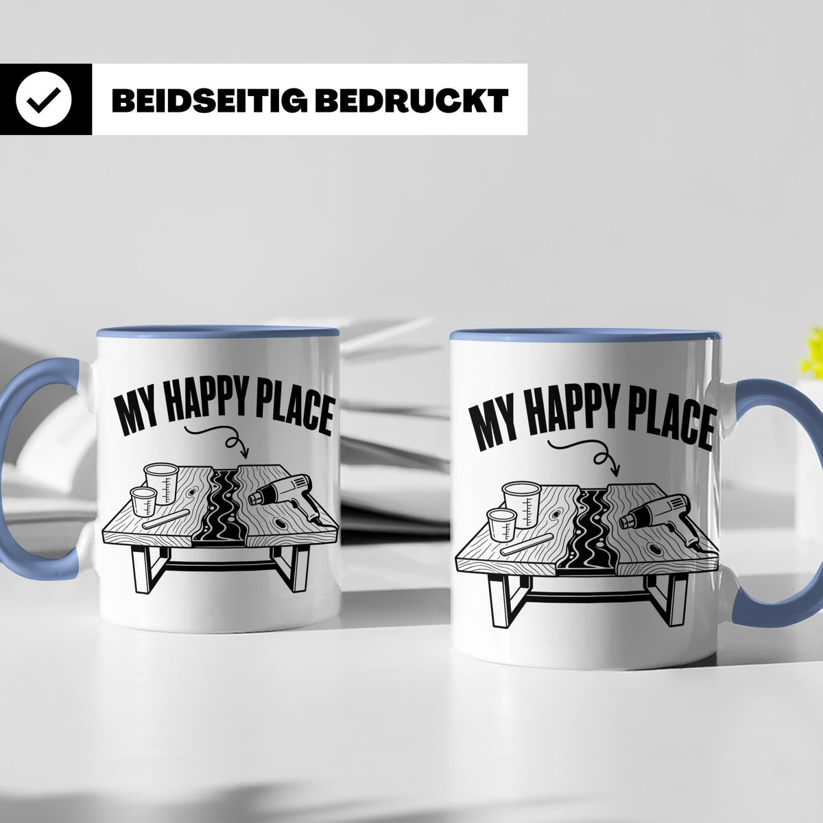 Epoxidharz Tasse My Happy Place Spruch Holzarbeiten River Ta – Blau [farbe:blau]