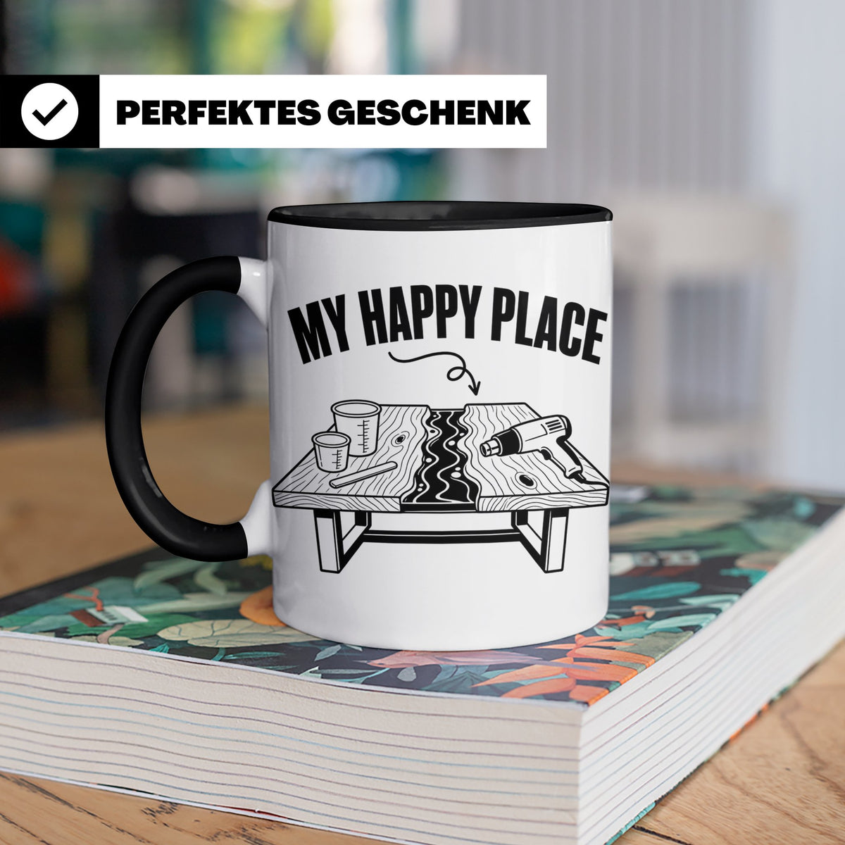 Epoxidharz Tasse My Happy Place Spruch Holzarbeiten River Ta – Schwarz [farbe:schwarz]