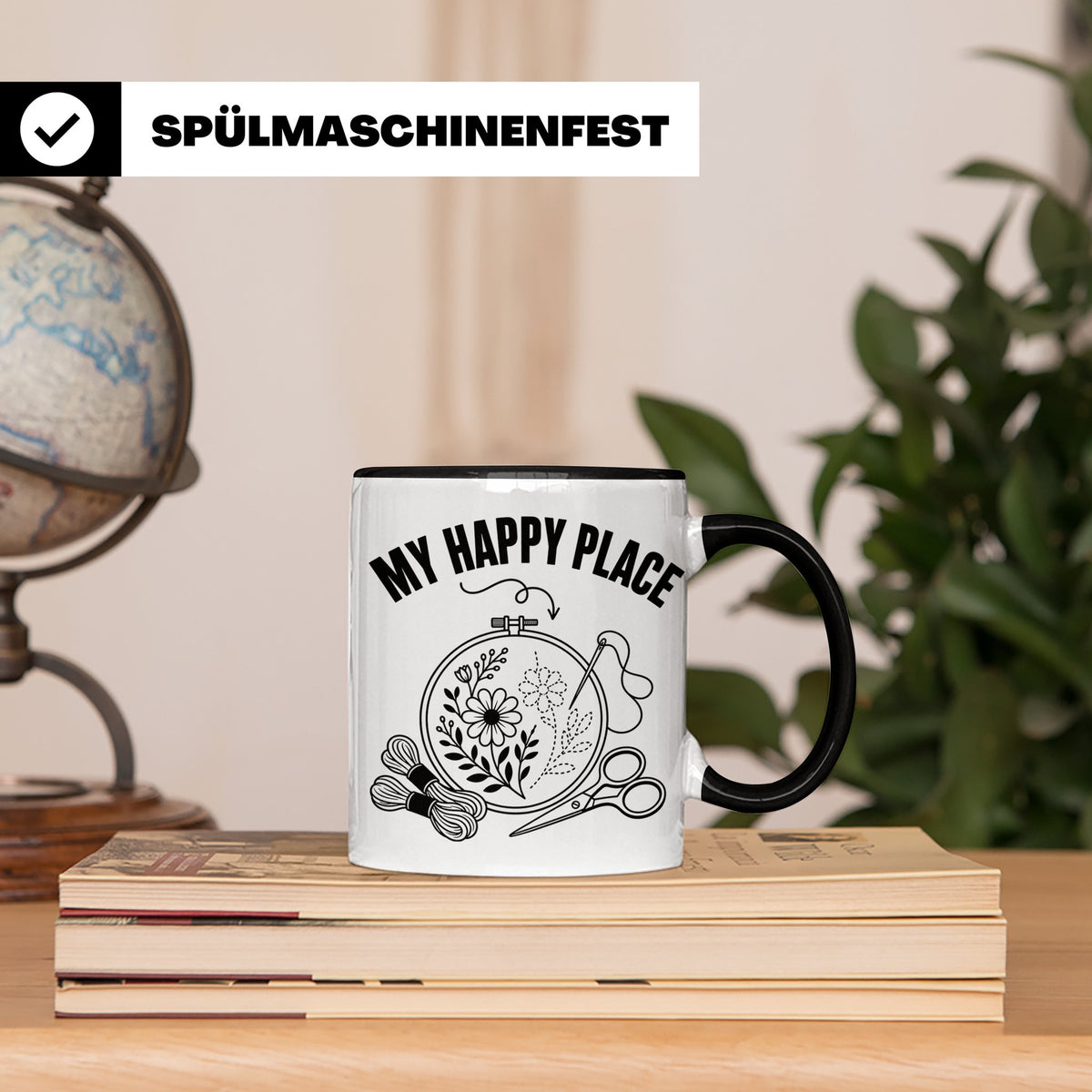Sticken Tasse My Happy Place Geschenkidee für Stickerin, Näh – Schwarz [farbe:schwarz]
