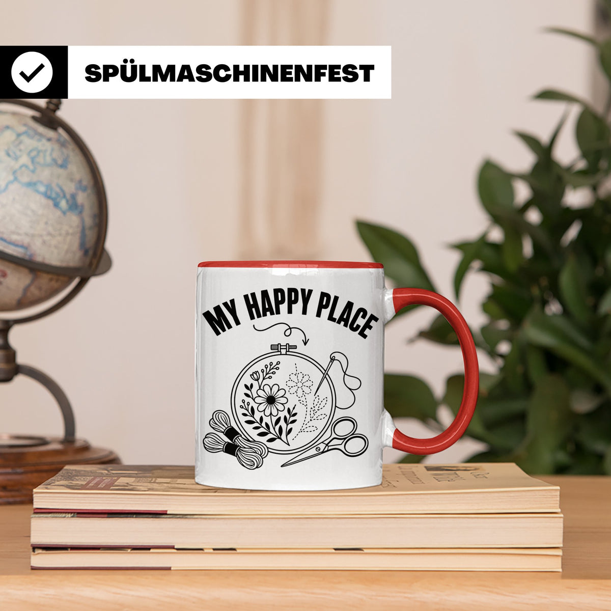 Sticken Tasse My Happy Place Geschenkidee für Stickerin, Näh – Rot [farbe:rot]