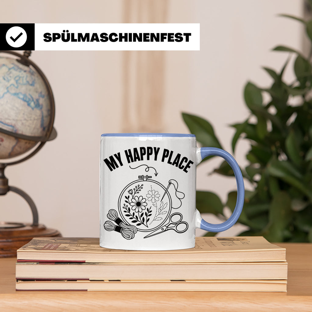 Sticken Tasse My Happy Place Geschenkidee für Stickerin, Näh – Blau [farbe:blau]
