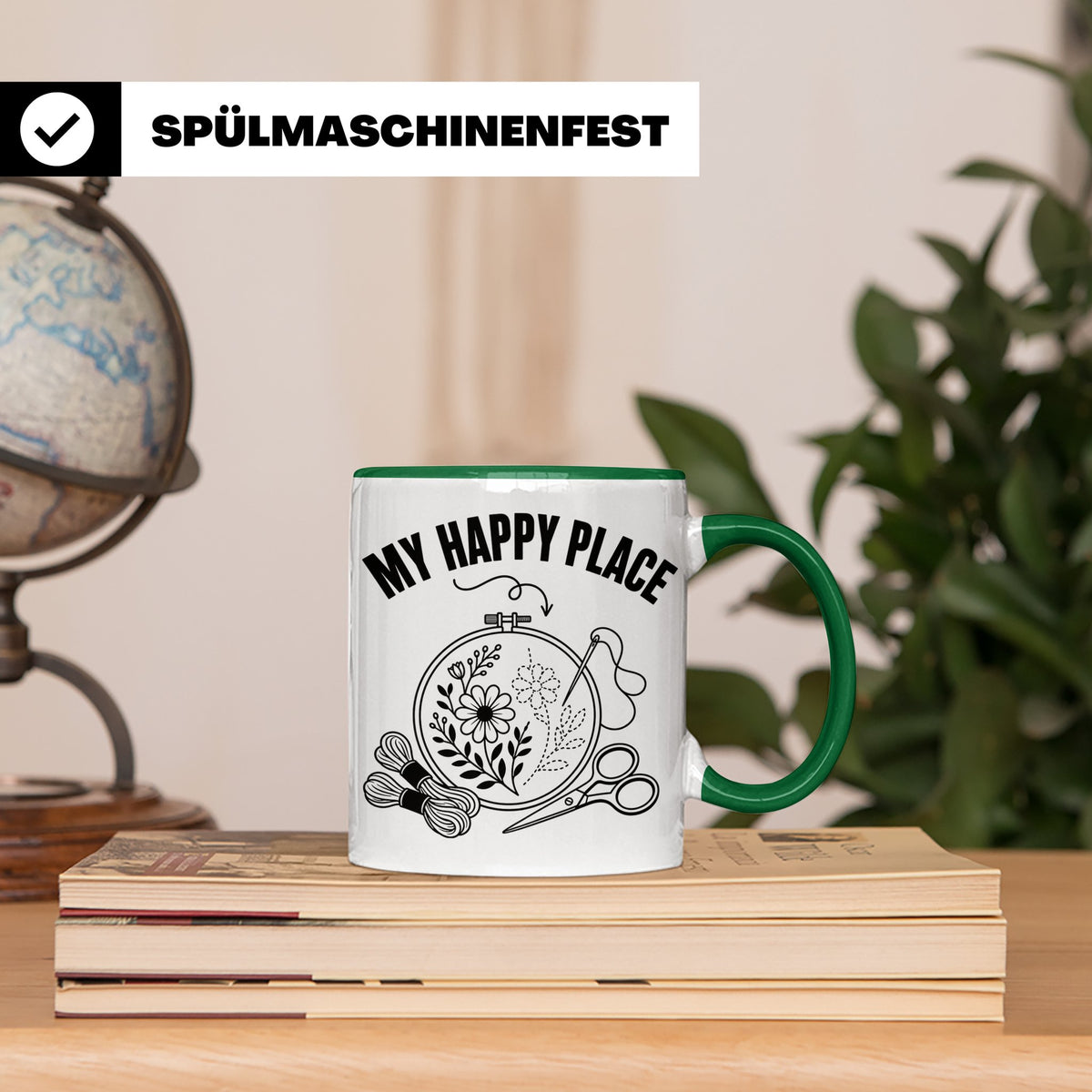 Sticken Tasse My Happy Place Geschenkidee für Stickerin, Näh – Grün [farbe:grün]