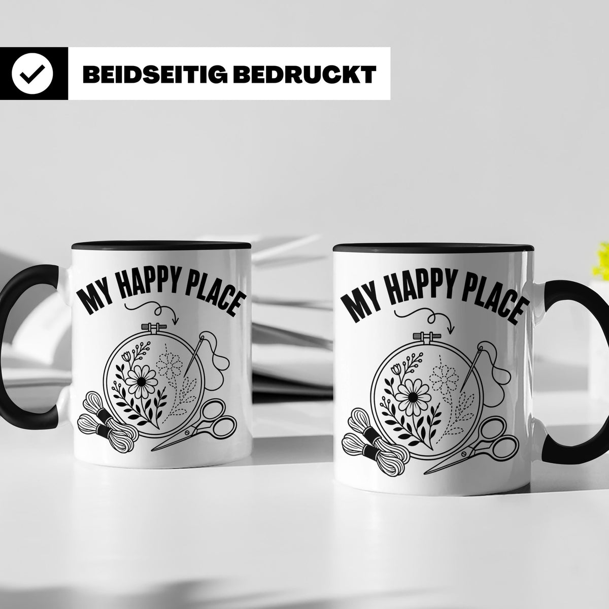 Sticken Tasse My Happy Place Geschenkidee für Stickerin, Näh – Schwarz [farbe:schwarz]
