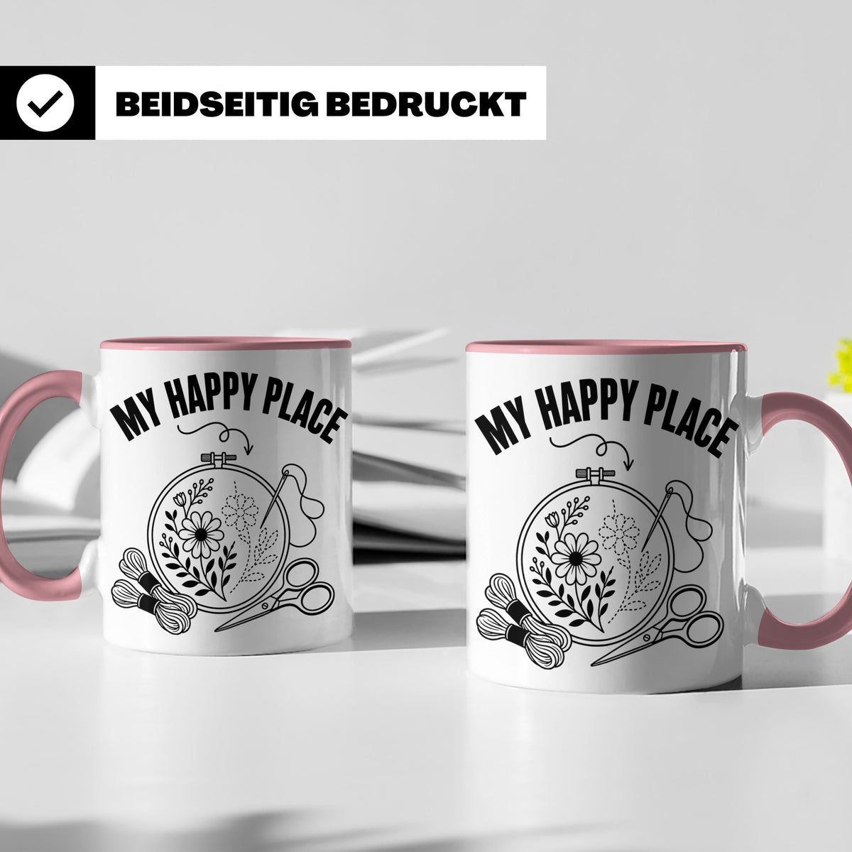 Sticken Tasse My Happy Place Geschenkidee für Stickerin, Näh – Rosa [farbe:rosa]
