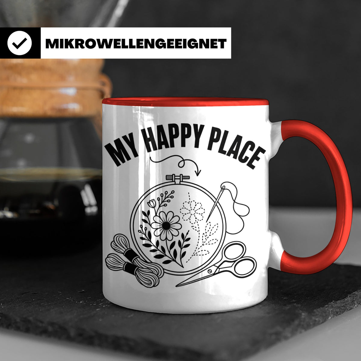 Sticken Tasse My Happy Place Geschenkidee für Stickerin, Näh – Rot [farbe:rot]