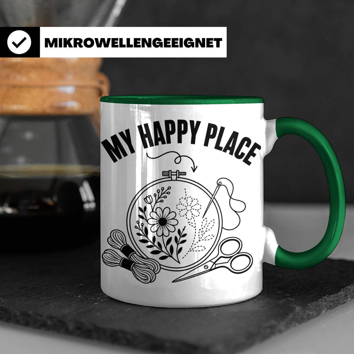 Sticken Tasse My Happy Place Geschenkidee für Stickerin, Näh – Grün [farbe:grün]