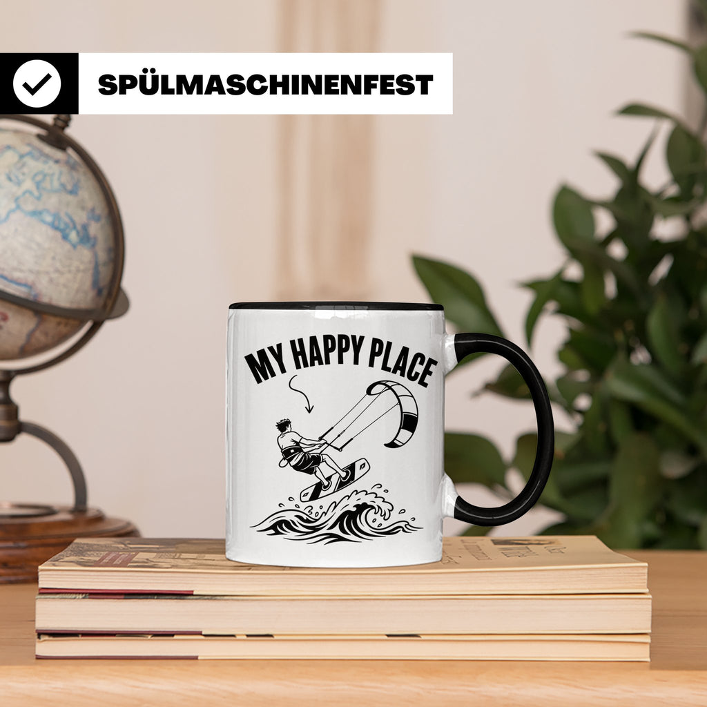Kitesurfen Tasse My Happy Place Lustiger Kitesurfer Spruch K – Schwarz [farbe:schwarz]