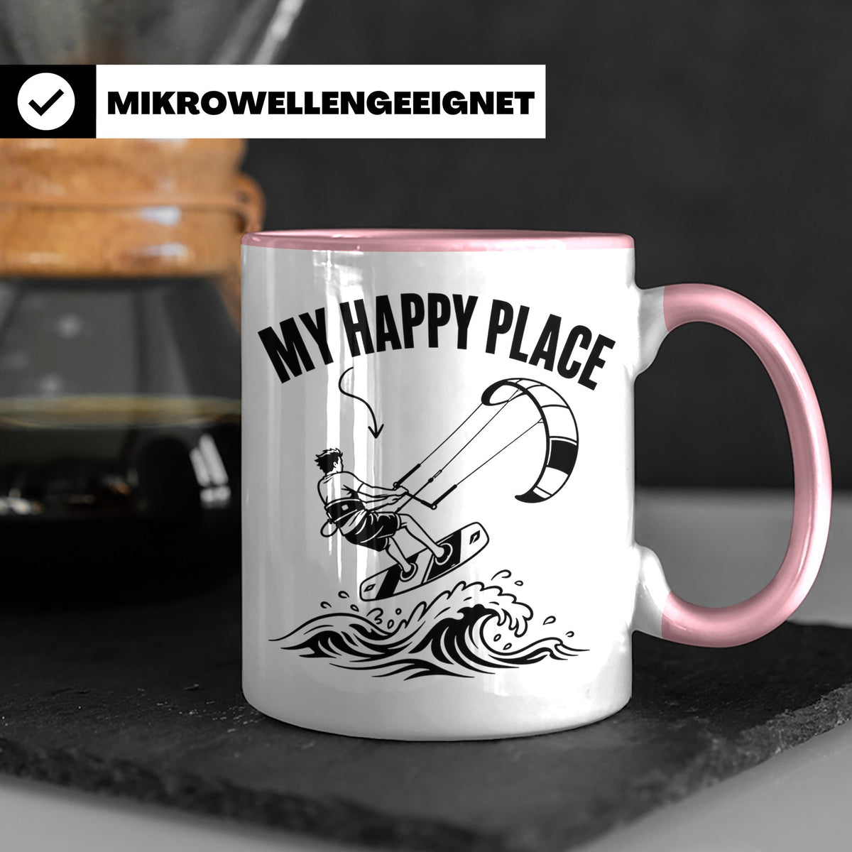 Kitesurfen Tasse My Happy Place Lustiger Kitesurfer Spruch K – Rosa [farbe:rosa]