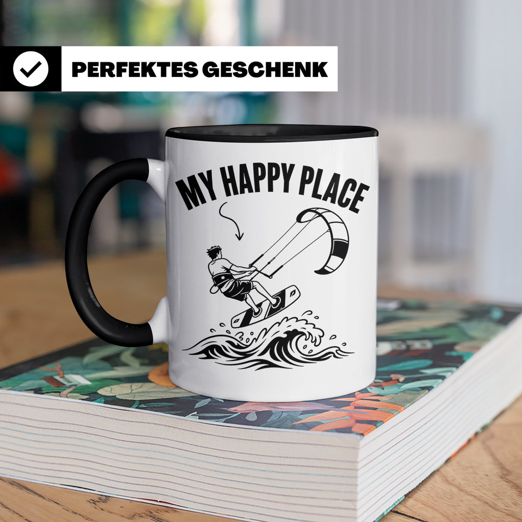 Kitesurfen Tasse My Happy Place Lustiger Kitesurfer Spruch K – Schwarz [farbe:schwarz]