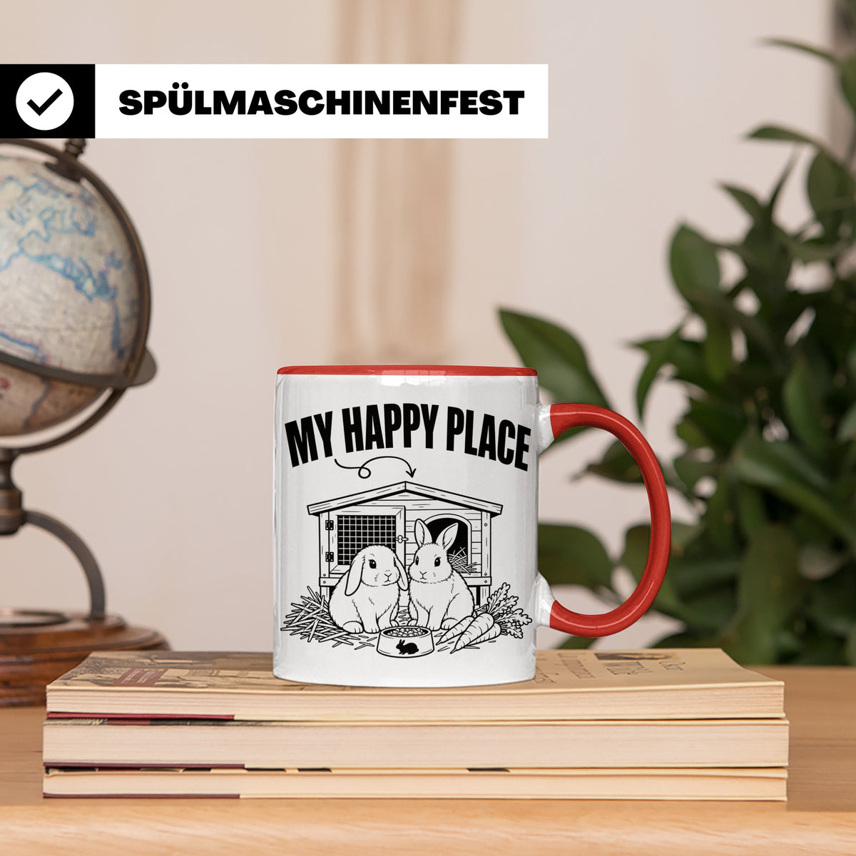 Kaninchen Tasse My Happy Place Zwergkaninchen & Widder Motiv – Rot [farbe:rot]