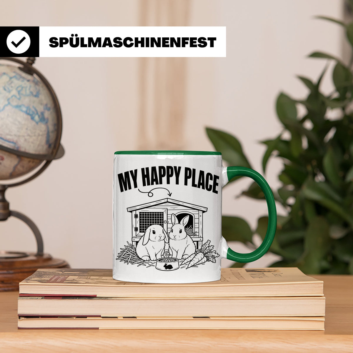 Kaninchen Tasse My Happy Place Zwergkaninchen & Widder Motiv – Grün [farbe:grün]
