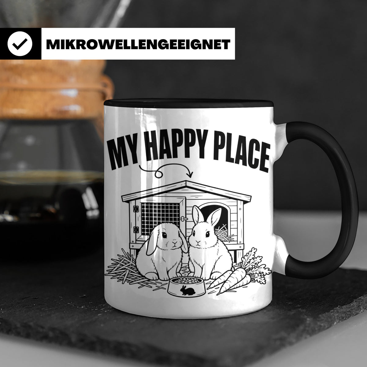 Kaninchen Tasse My Happy Place Zwergkaninchen & Widder Motiv – Schwarz [farbe:schwarz]