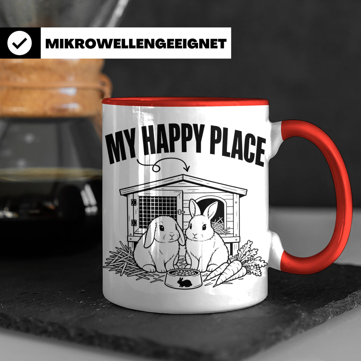 Kaninchen Tasse My Happy Place Zwergkaninchen & Widder Motiv – Rot [farbe:rot]