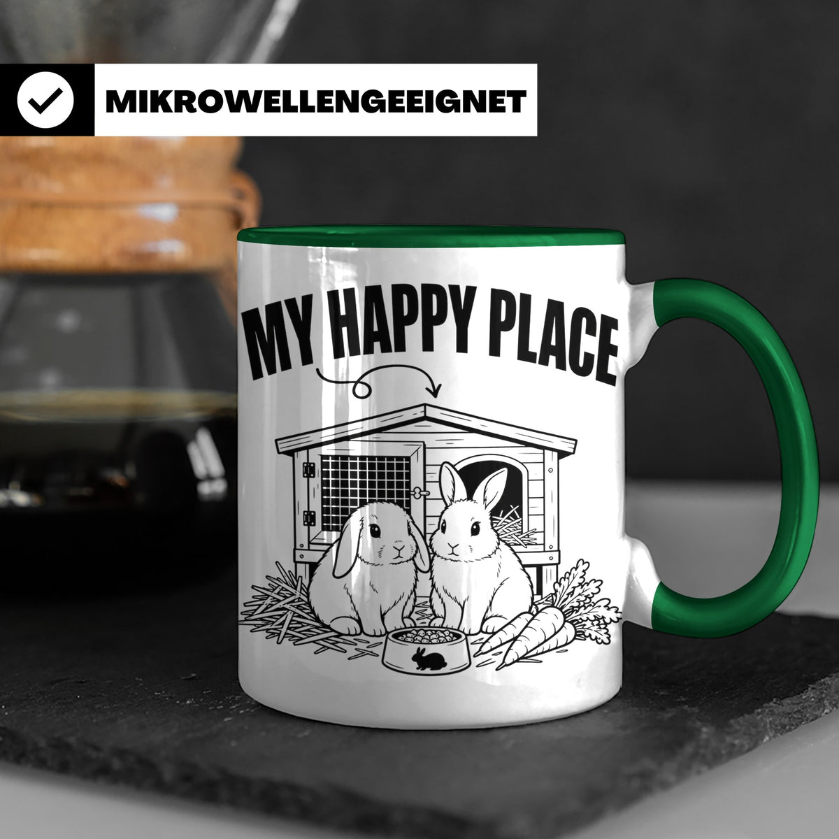 Kaninchen Tasse My Happy Place Zwergkaninchen & Widder Motiv – Grün [farbe:grün]