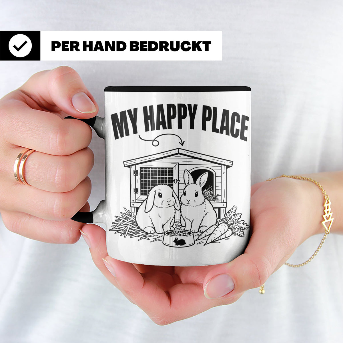 Kaninchen Tasse My Happy Place Zwergkaninchen & Widder Motiv – Schwarz [farbe:schwarz]