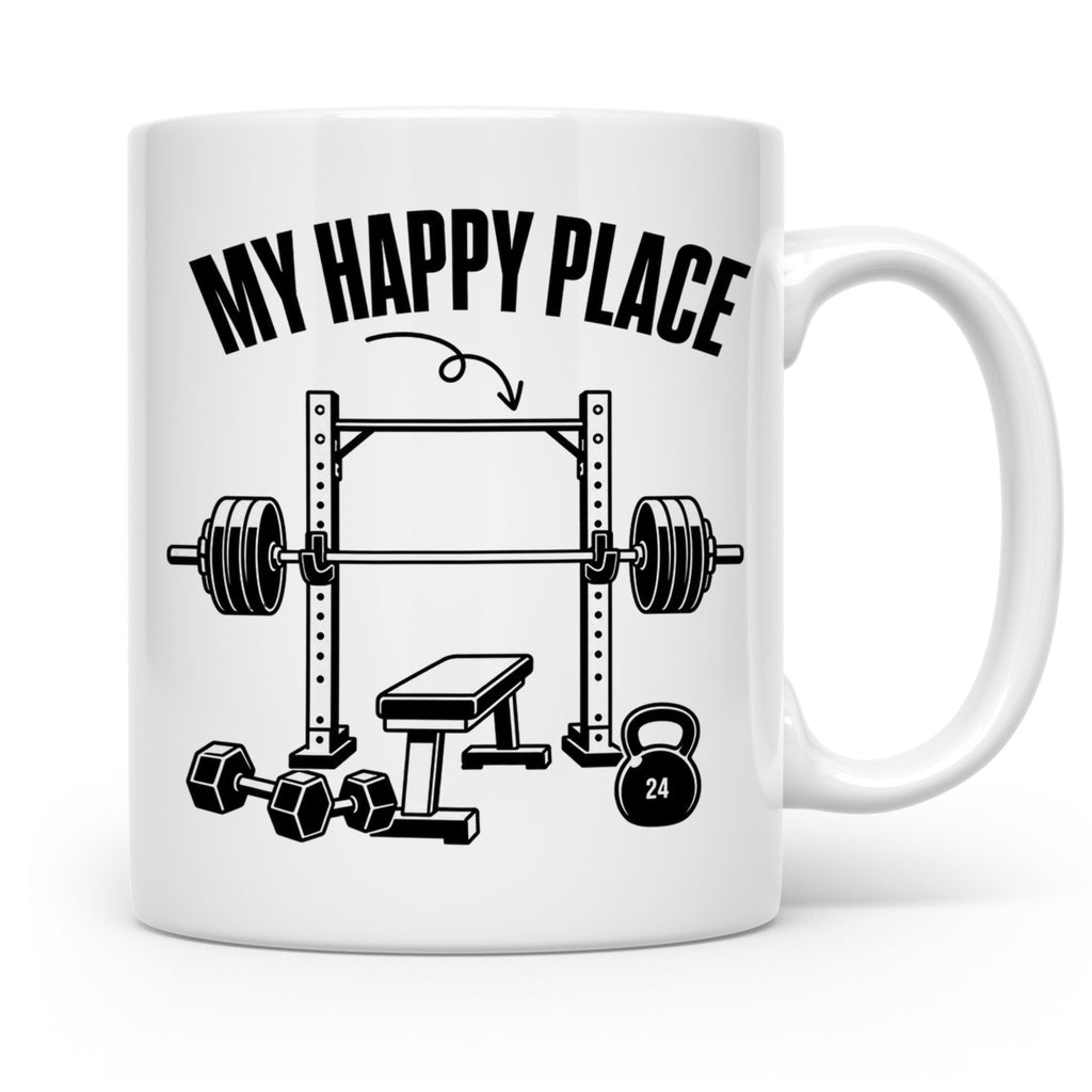 Fitness Tasse My Happy Place Spruch für Kraftsport Bodybuild – Weiß [farbe:weiß]