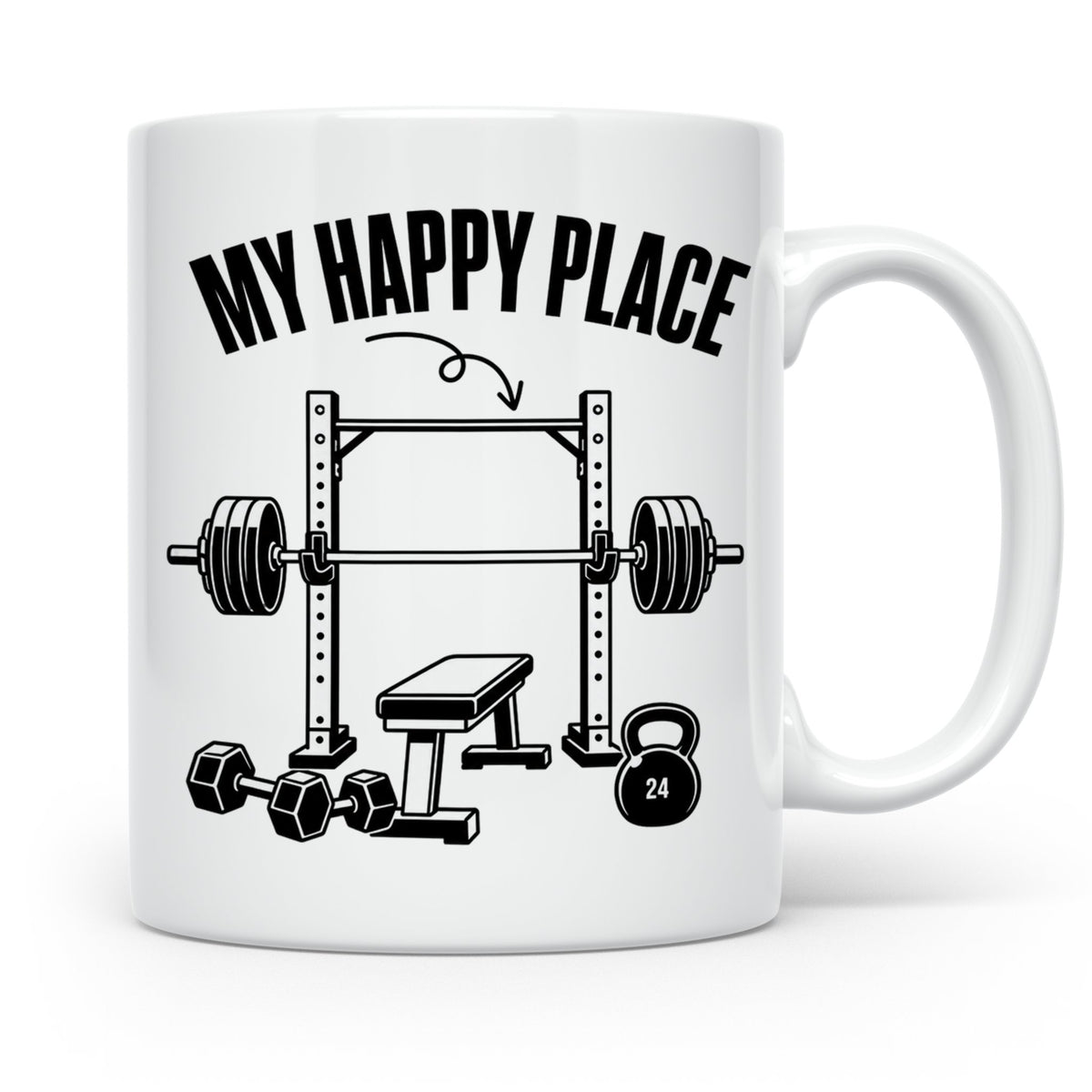 Fitness Tasse My Happy Place Spruch für Kraftsport Bodybuild – Weiß [farbe:weiß]