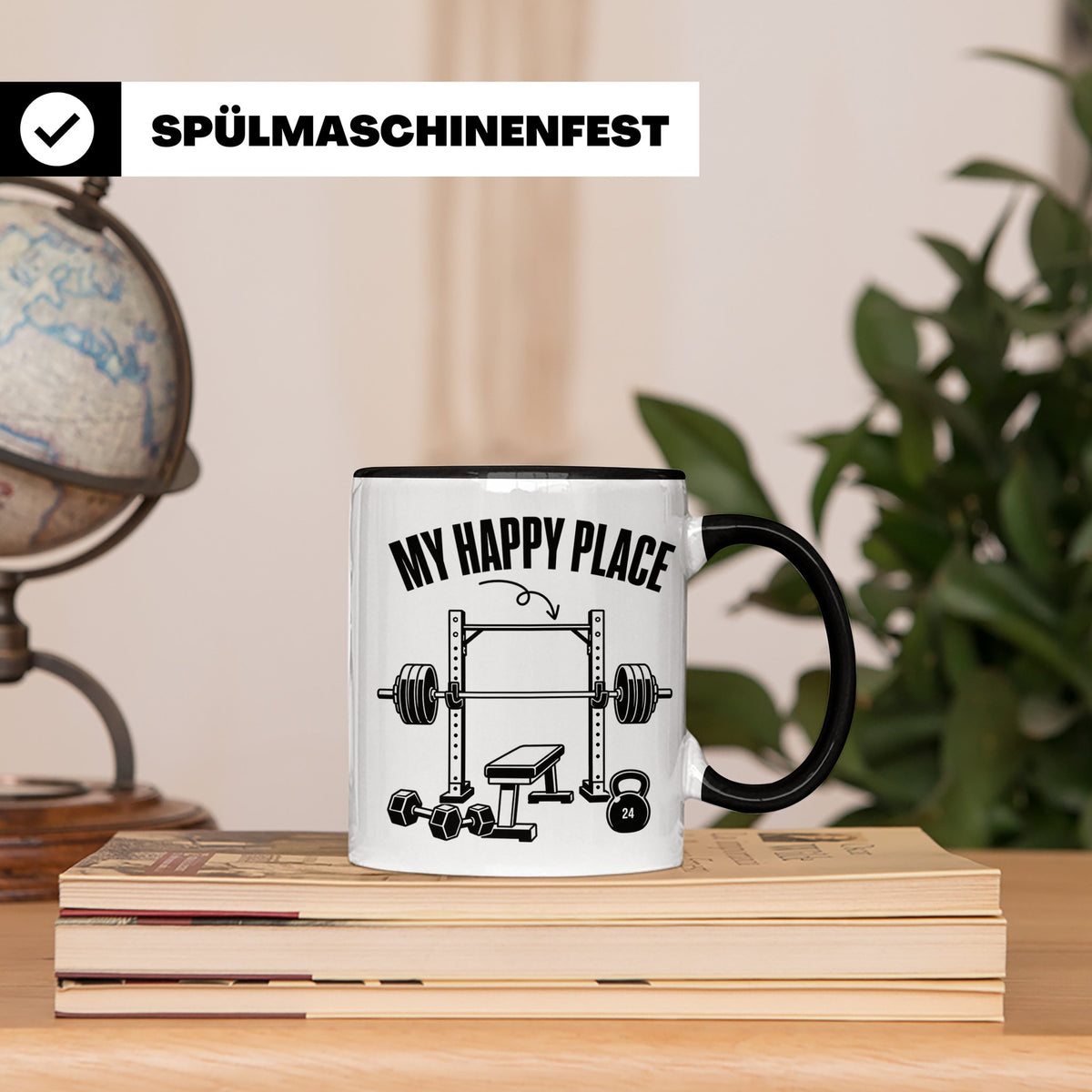 Fitness Tasse My Happy Place Spruch für Kraftsport Bodybuild – Schwarz [farbe:schwarz]