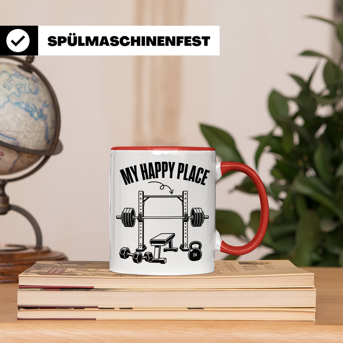 Fitness Tasse My Happy Place Spruch für Kraftsport Bodybuild – Rot [farbe:rot]