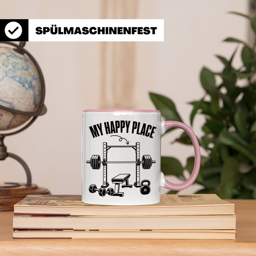 Fitness Tasse My Happy Place Spruch für Kraftsport Bodybuild – Rosa [farbe:rosa]