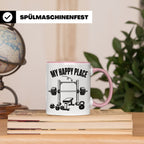 Fitness Tasse My Happy Place Spruch für Kraftsport Bodybuild – Rosa [farbe:rosa]