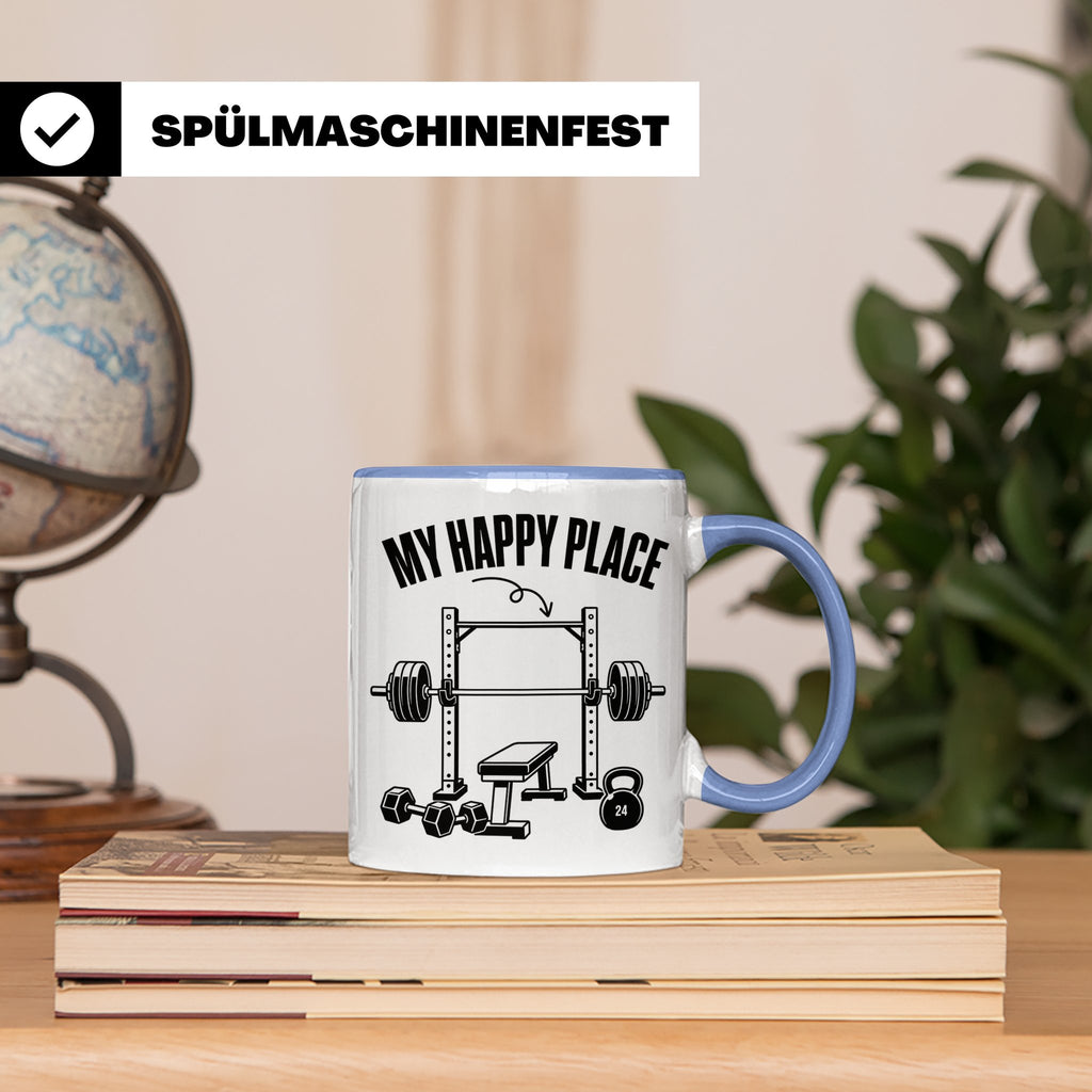 Fitness Tasse My Happy Place Spruch für Kraftsport Bodybuild – Blau [farbe:blau]