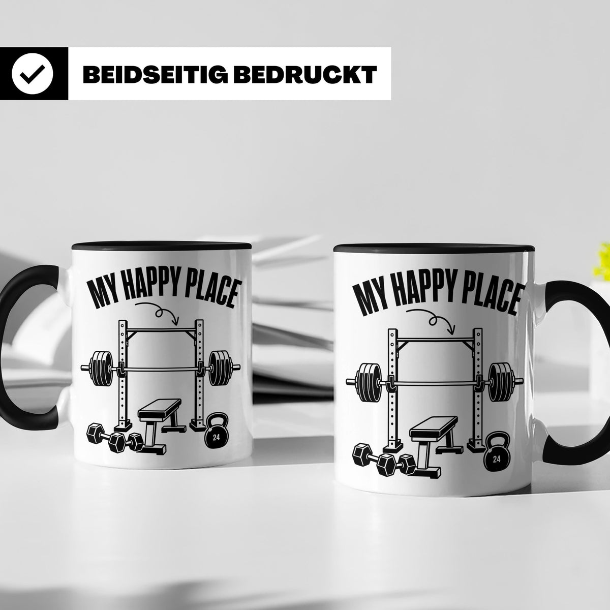 Fitness Tasse My Happy Place Spruch für Kraftsport Bodybuild – Schwarz [farbe:schwarz]