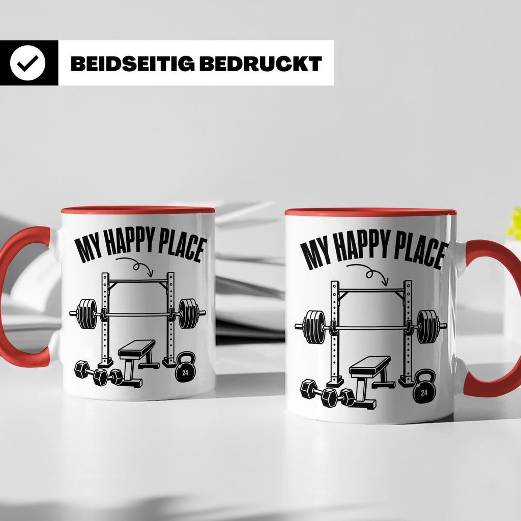 Fitness Tasse My Happy Place Spruch für Kraftsport Bodybuild – Rot [farbe:rot]