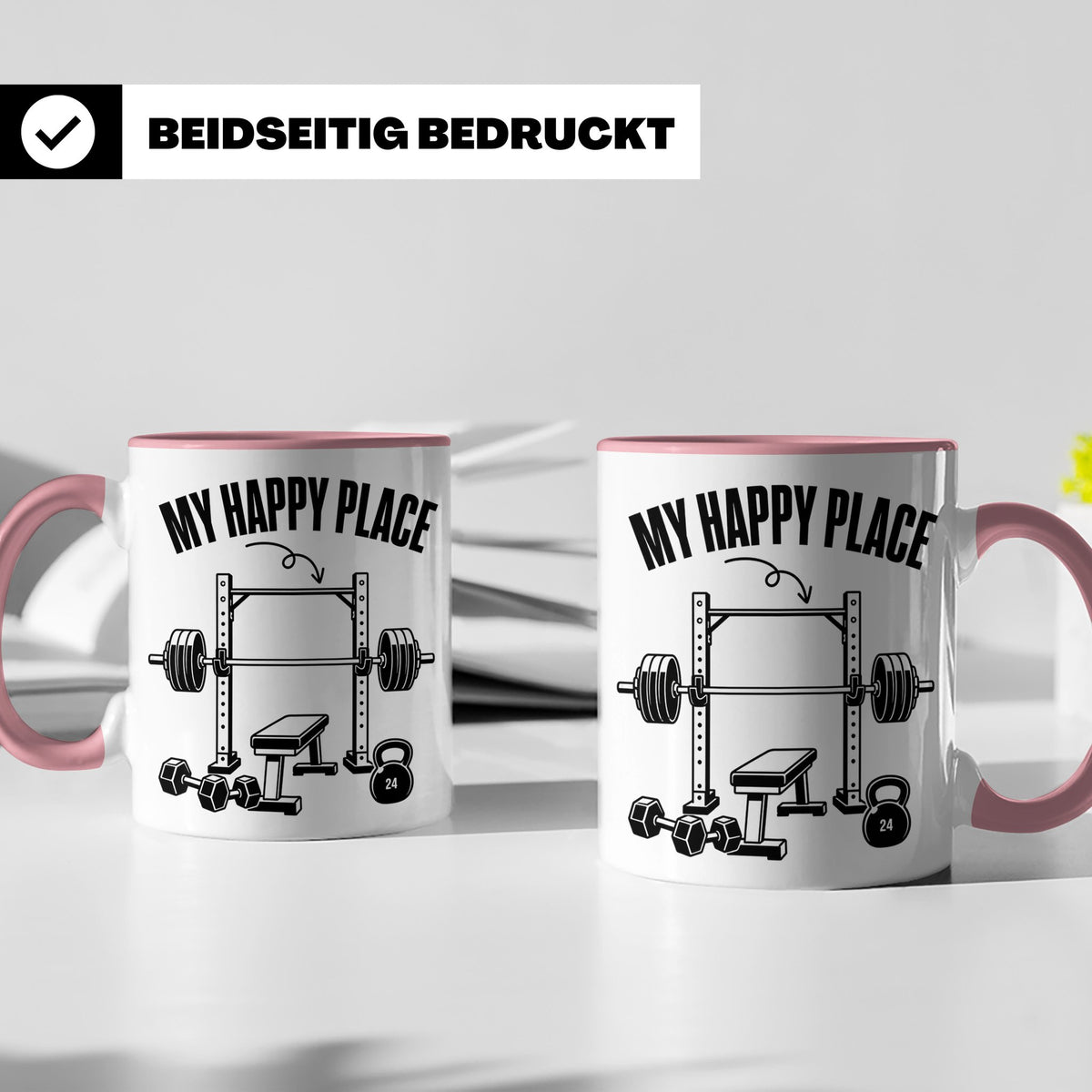 Fitness Tasse My Happy Place Spruch für Kraftsport Bodybuild – Rosa [farbe:rosa]