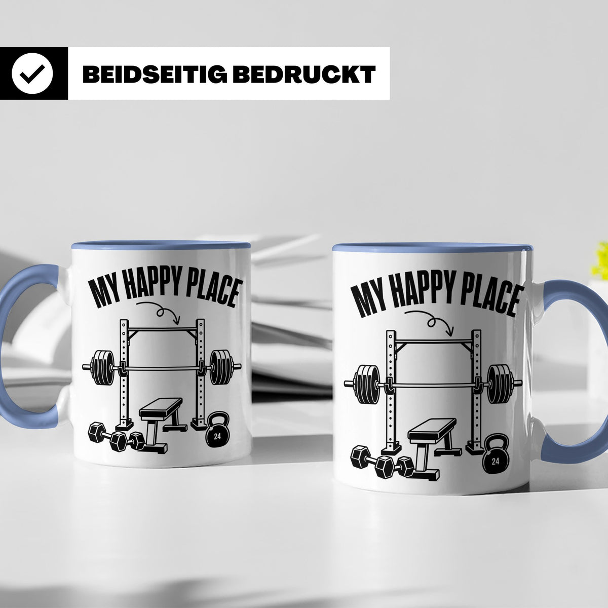 Fitness Tasse My Happy Place Spruch für Kraftsport Bodybuild – Blau [farbe:blau]