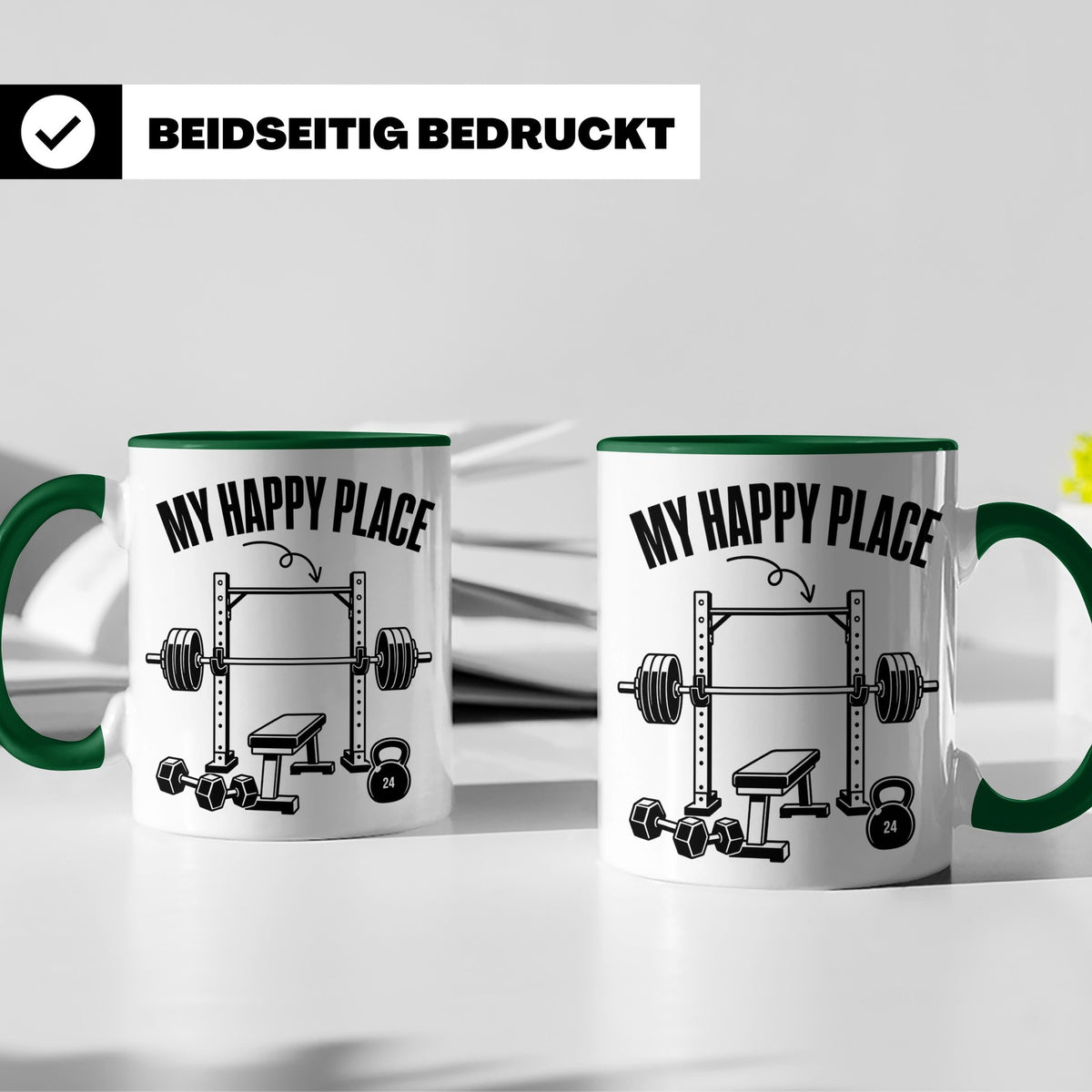 Fitness Tasse My Happy Place Spruch für Kraftsport Bodybuild – Grün [farbe:grün]