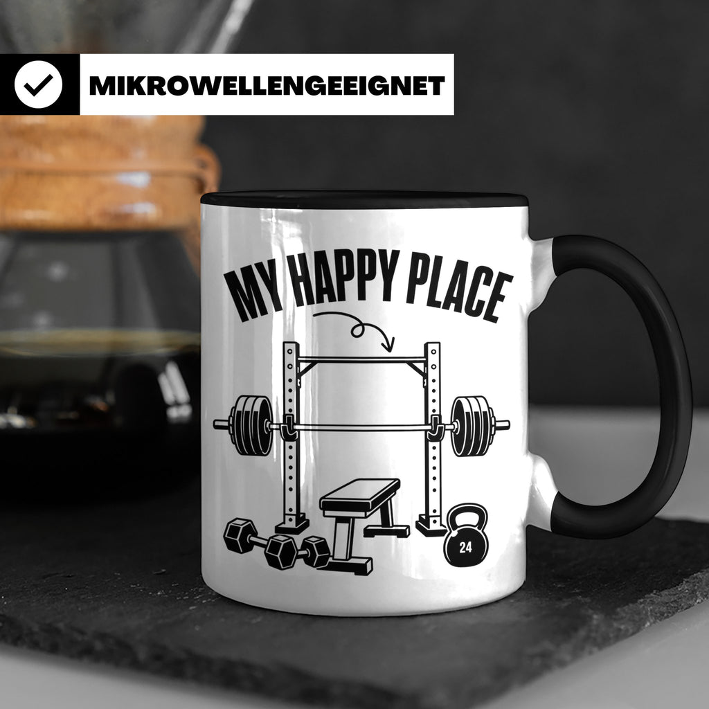 Fitness Tasse My Happy Place Spruch für Kraftsport Bodybuild – Schwarz [farbe:schwarz]