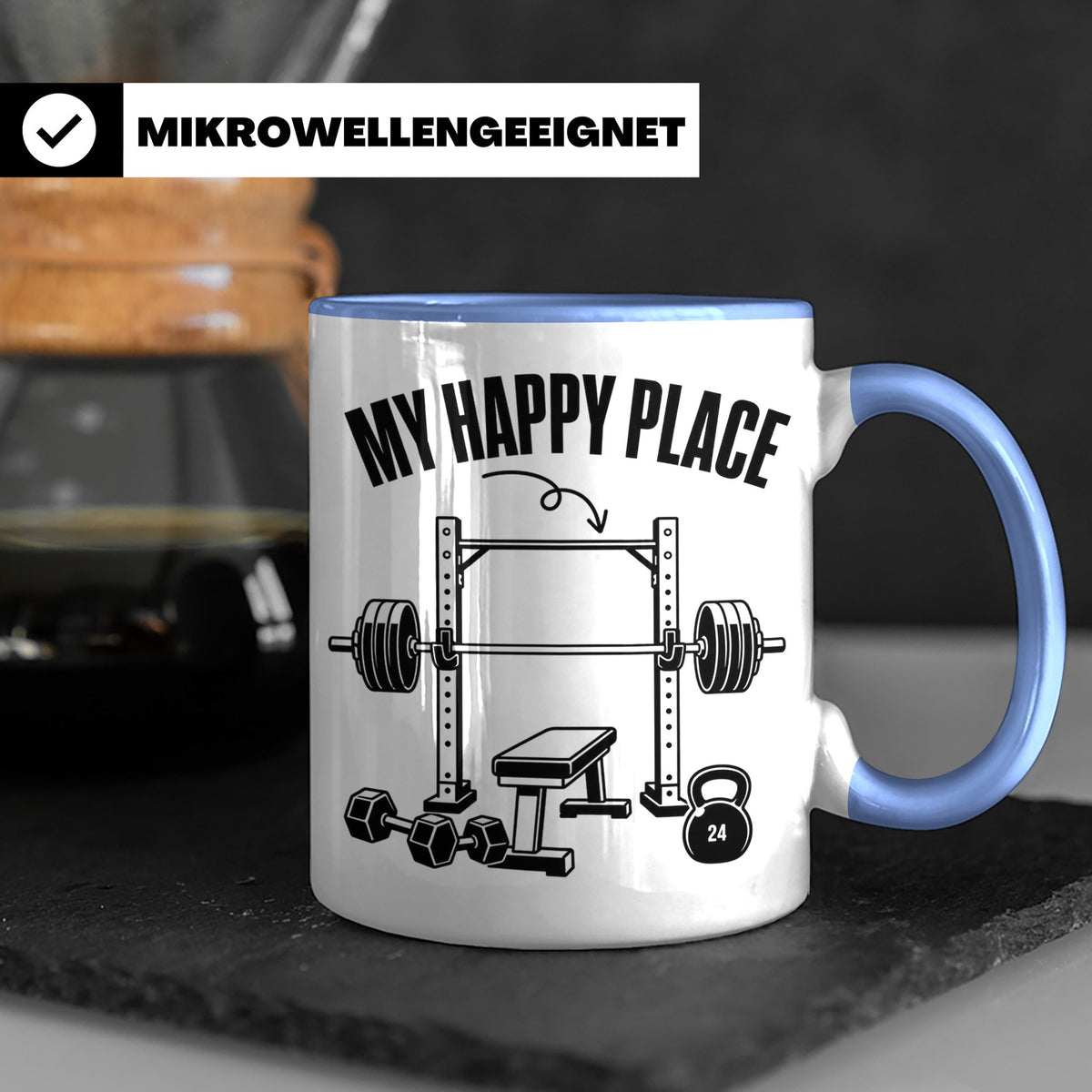 Fitness Tasse My Happy Place Spruch für Kraftsport Bodybuild – Blau [farbe:blau]