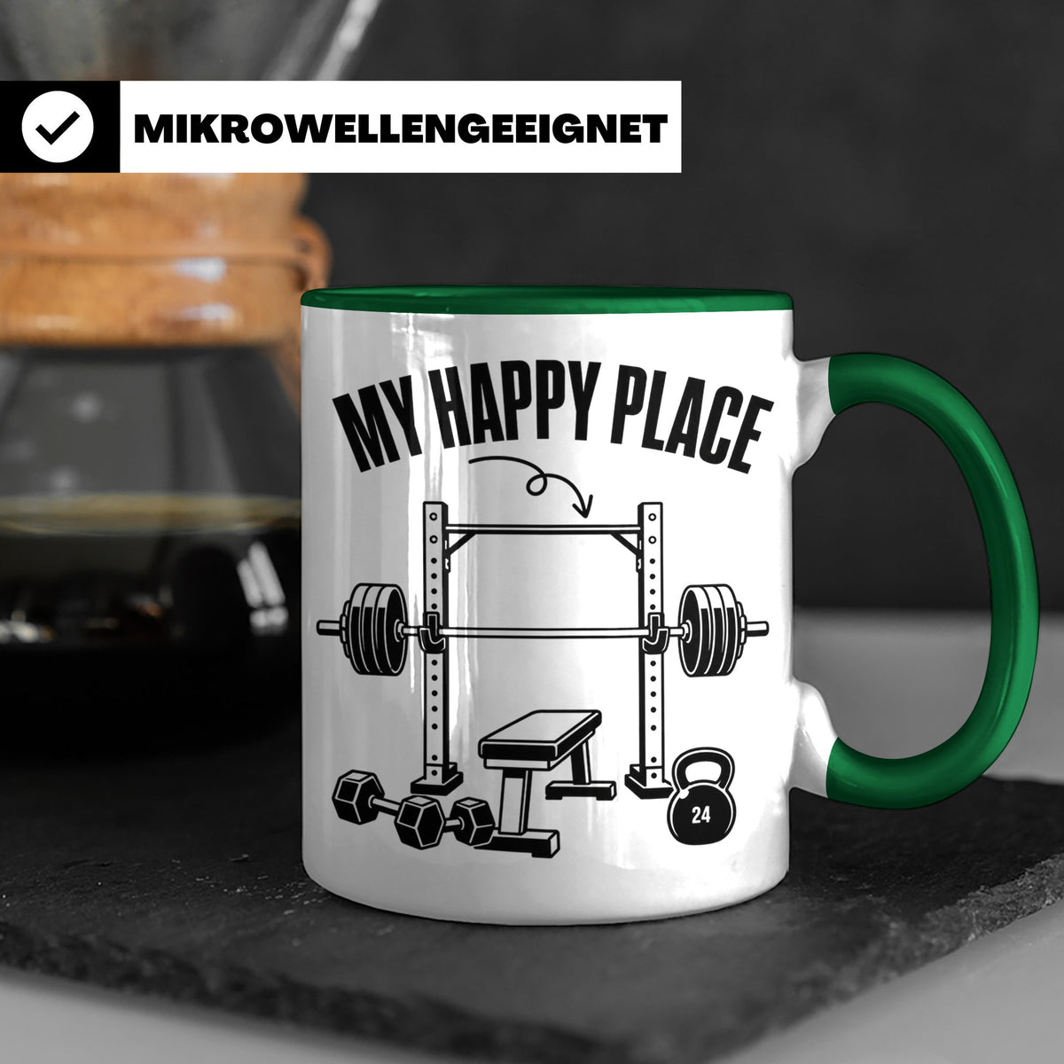 Fitness Tasse My Happy Place Spruch für Kraftsport Bodybuild – Grün [farbe:grün]