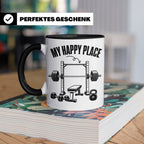 Fitness Tasse My Happy Place Spruch für Kraftsport Bodybuild – Schwarz [farbe:schwarz]