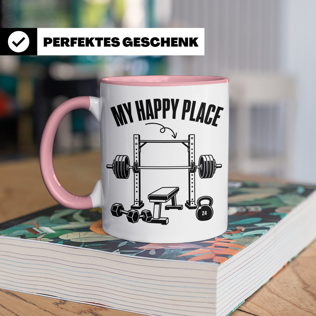 Fitness Tasse My Happy Place Spruch für Kraftsport Bodybuild – Rosa [farbe:rosa]