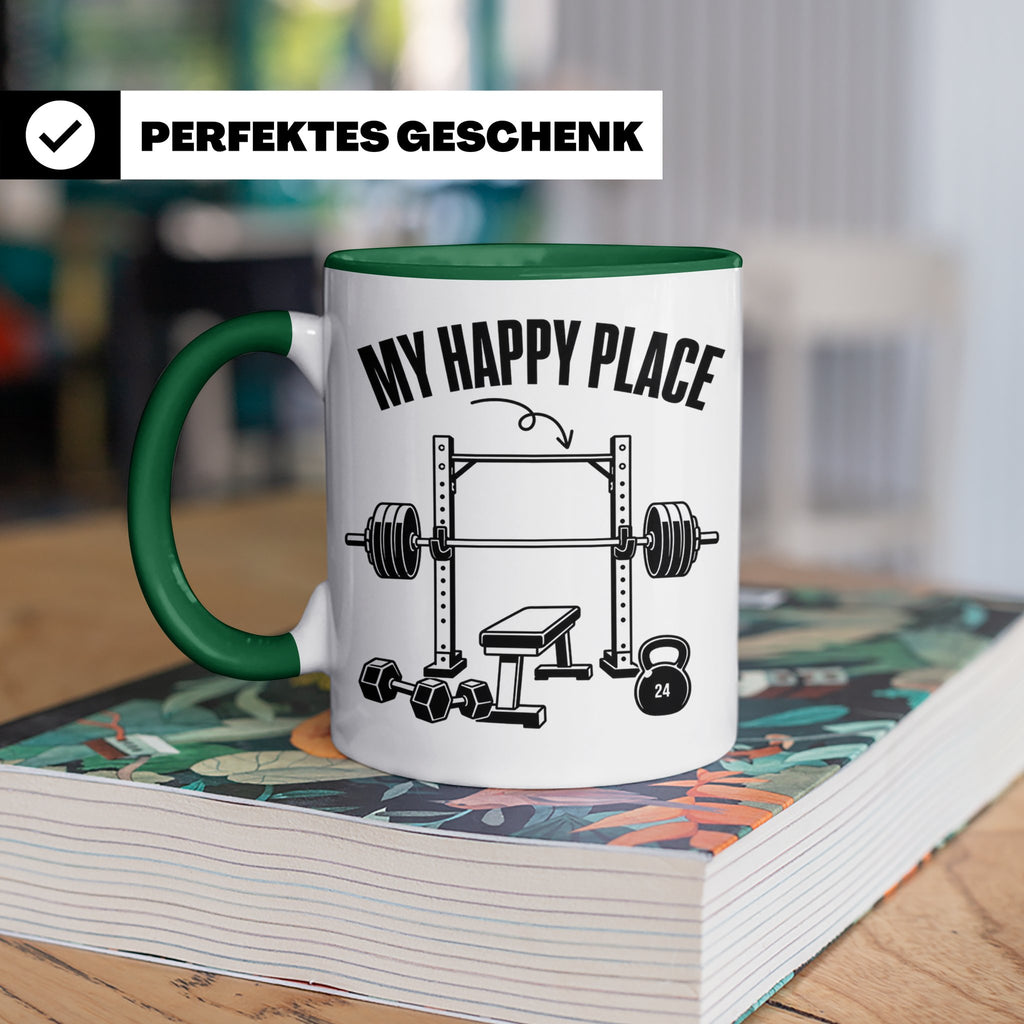 Fitness Tasse My Happy Place Spruch für Kraftsport Bodybuild – Grün [farbe:grün]