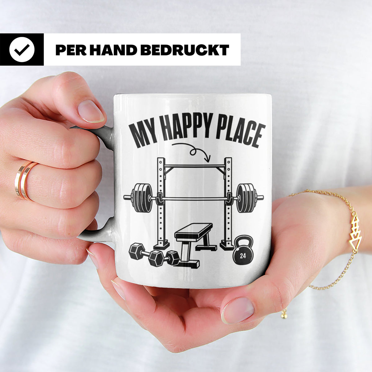 Fitness Tasse My Happy Place Spruch für Kraftsport Bodybuild – Weiß [farbe:weiß]